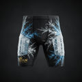 TITAN Cryotherapy Recovery Shorts in matte black with gold logo and ice crystal frost pattern artwork in arctic blue and silver