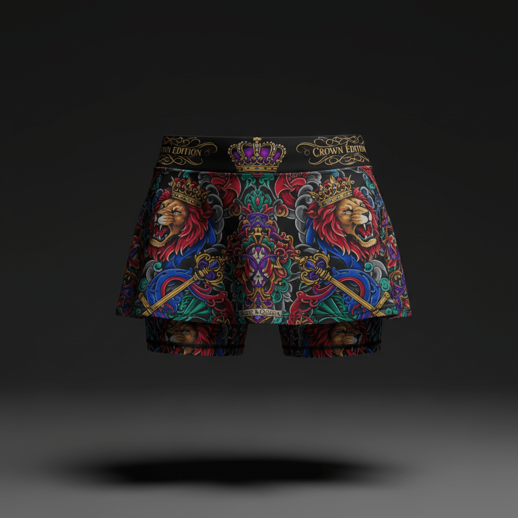 TITAN Crown Edition Athletic Skirt — bold tattoo-style artwork on matte black performance fabric