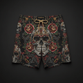 TITAN Crown Edition Men's Swim Trunks — Skull & Roses tattoo artwork on matte black fabric