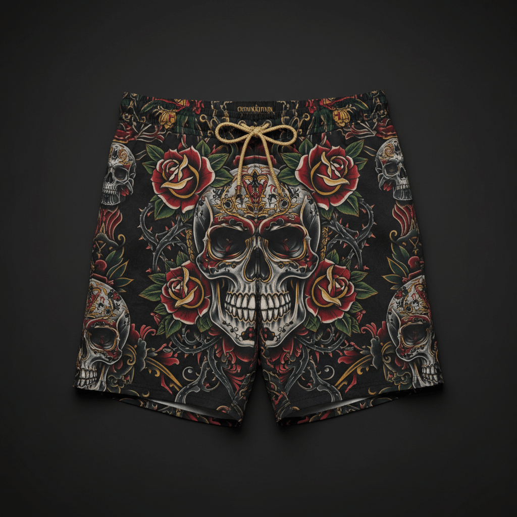 TITAN Crown Edition Men's Swim Trunks — Skull & Roses tattoo artwork on matte black fabric