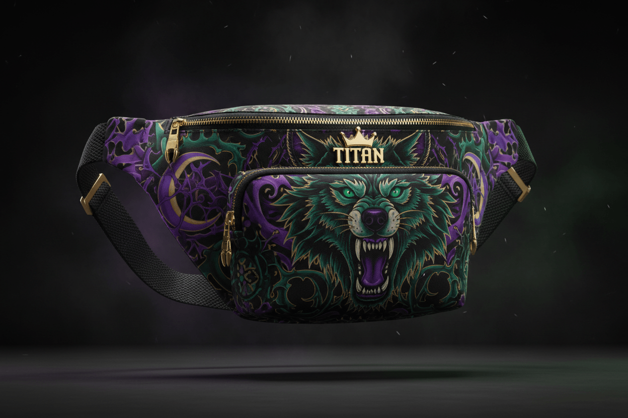 TITAN Printed Fanny Pack — Wolf and crescent moon tattoo-style artwork in electric purple and emerald green with gold crown logo