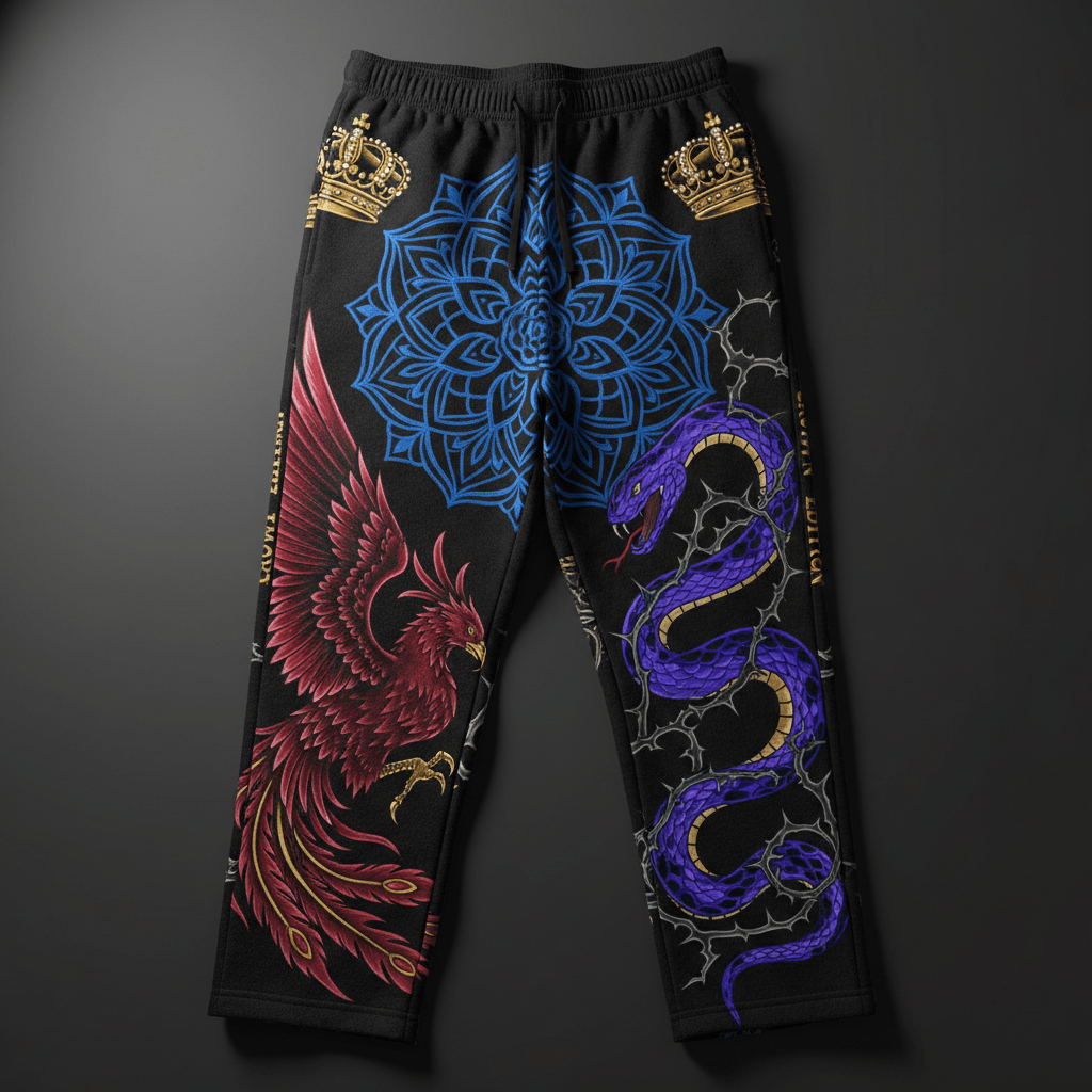 TITAN Crown Edition Tattoo Art Men's Lounge Sweatpants - bold phoenix mandala tattoo artwork on matte black fleece