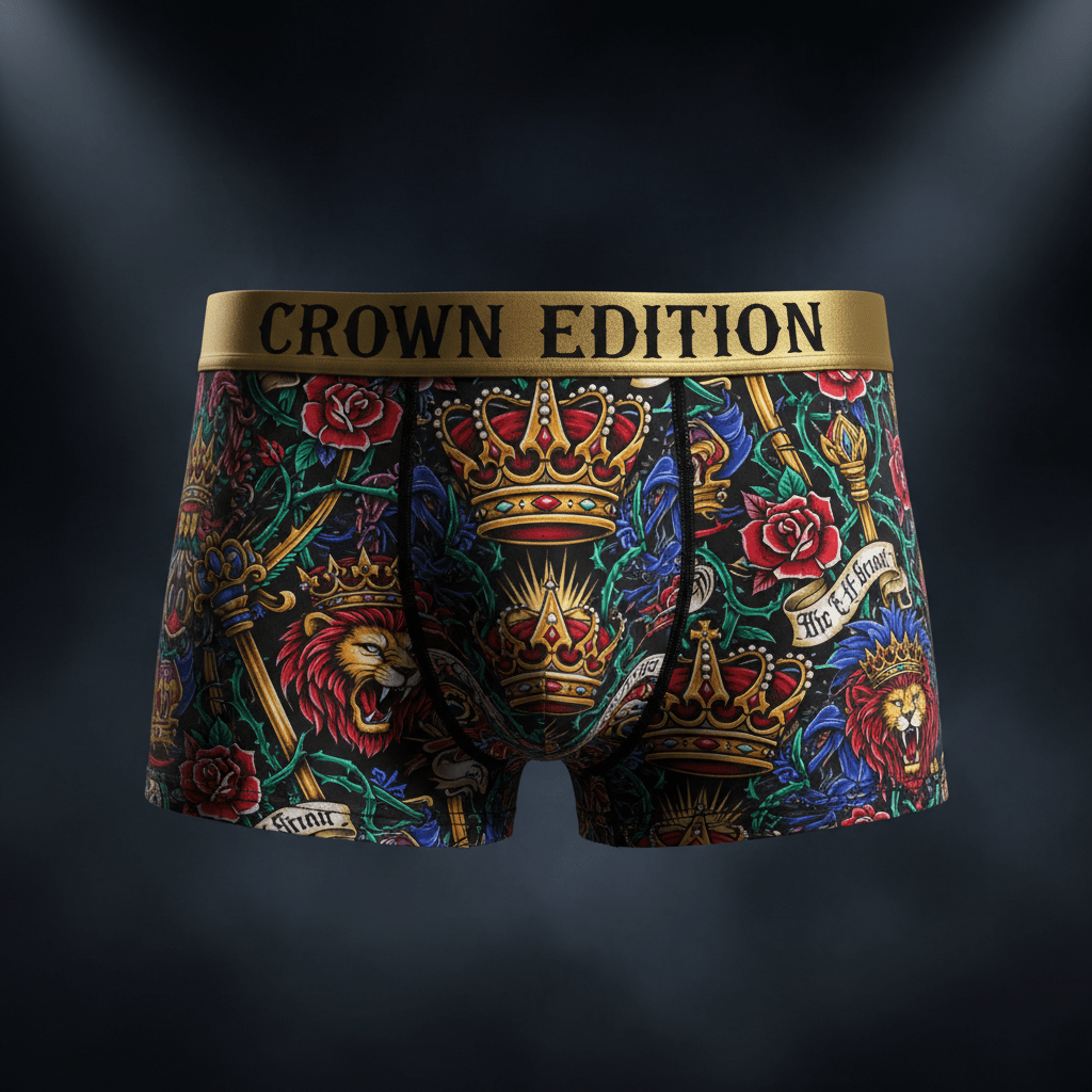 TITAN Crown Edition Men's Performance Boxer Briefs — bold tattoo artwork on matte black fabric