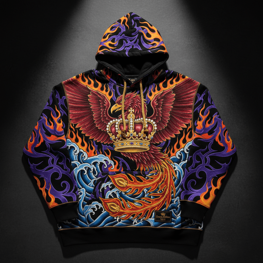 TITAN Crown Edition Tattoo Art Men's Lounge Hoodie - bold phoenix crown tattoo artwork on matte black heavyweight fleece
