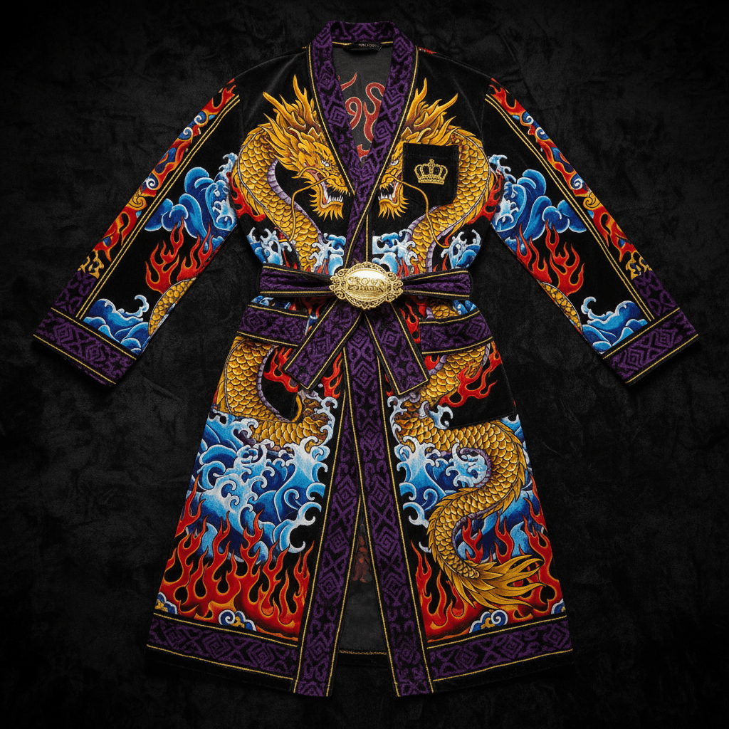 TITAN Crown Edition Tattoo Art Men's Lounge Robe - bold colorful tattoo artwork on matte black terry cloth