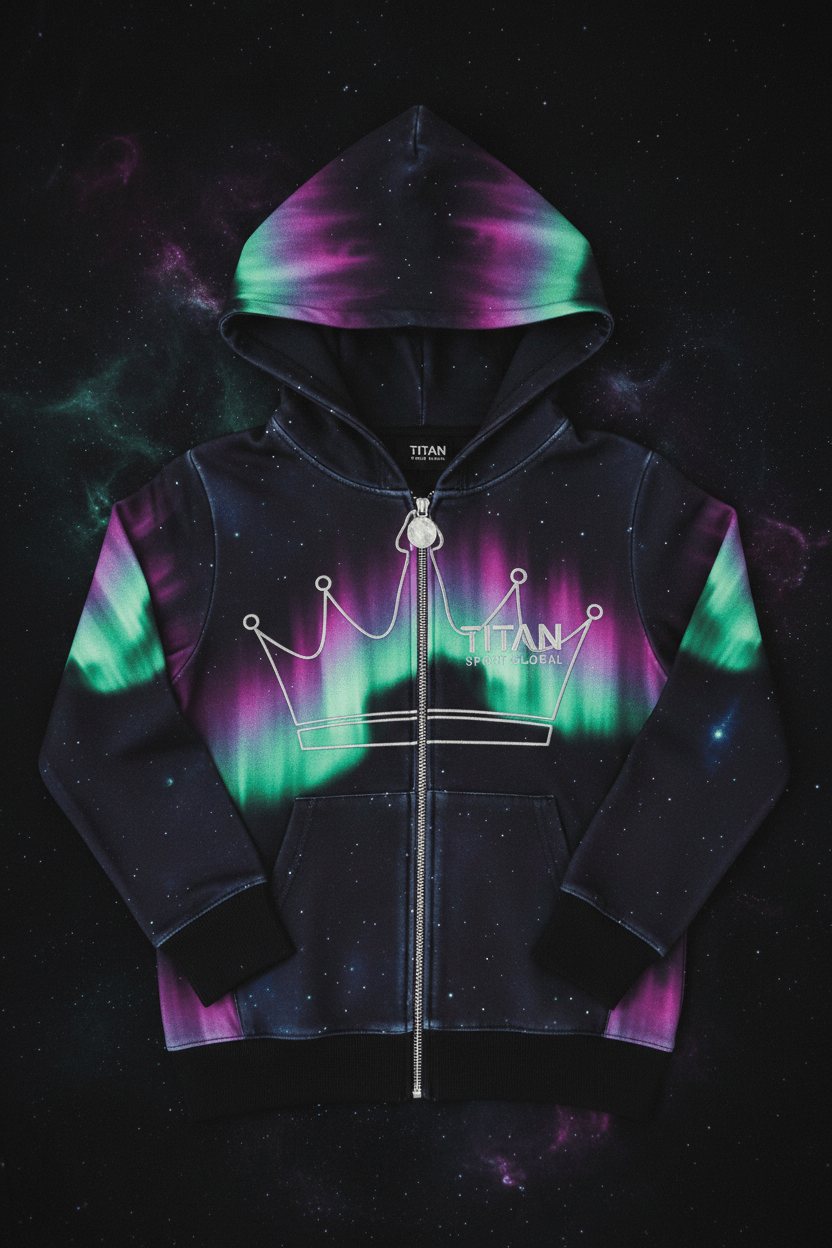 TITAN Kids Aurora Crown Zip-Up Hoodie flat lay Northern Lights SWAG Edition