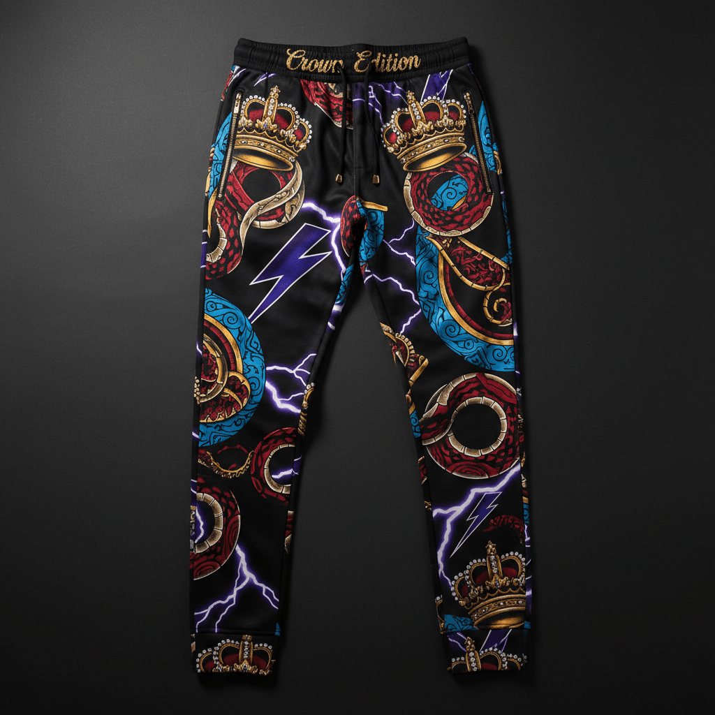 TITAN Crown Edition Tattoo Art Men's Athletic Lounge Joggers - bold colorful tattoo artwork on matte black performance fabric
