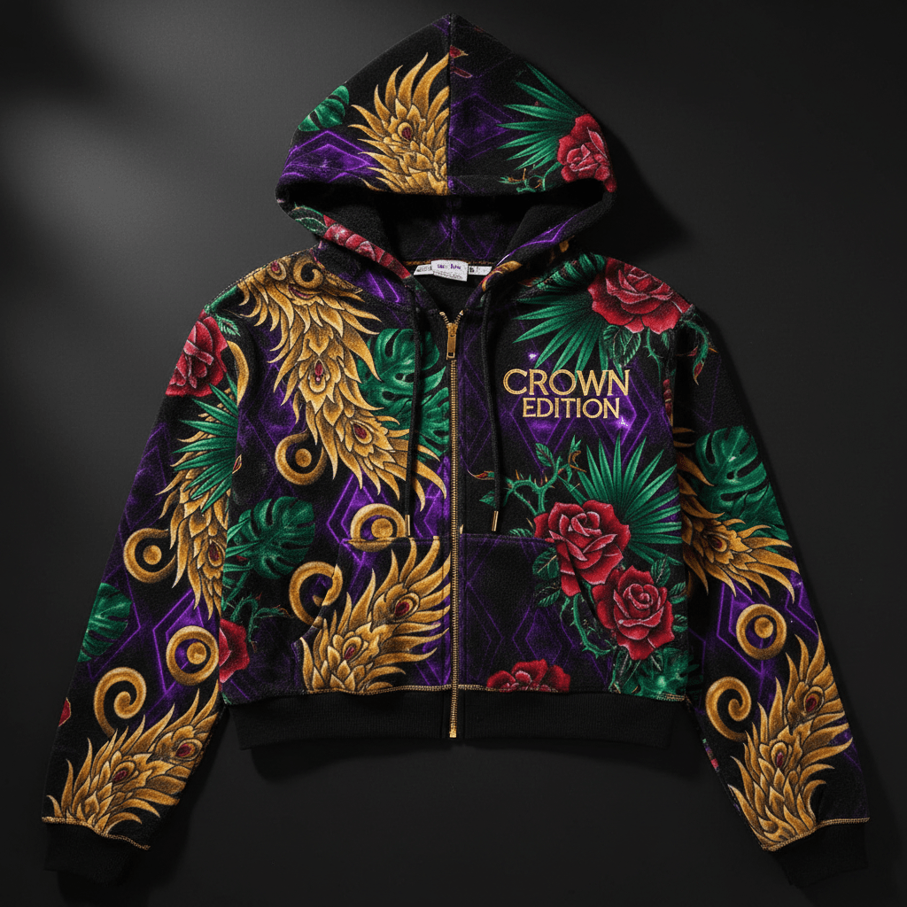 TITAN Crown Edition Tattoo Art Women's Cropped Zip-Up Lounge Hoodie - bold colorful tattoo artwork on matte black fleece
