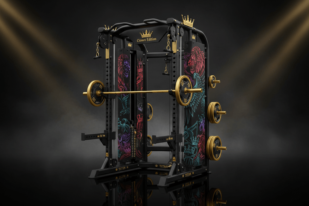 TITAN All-In-One Smith Machine & Cable Crossover Combo — Crown Edition matte black and gold home gym