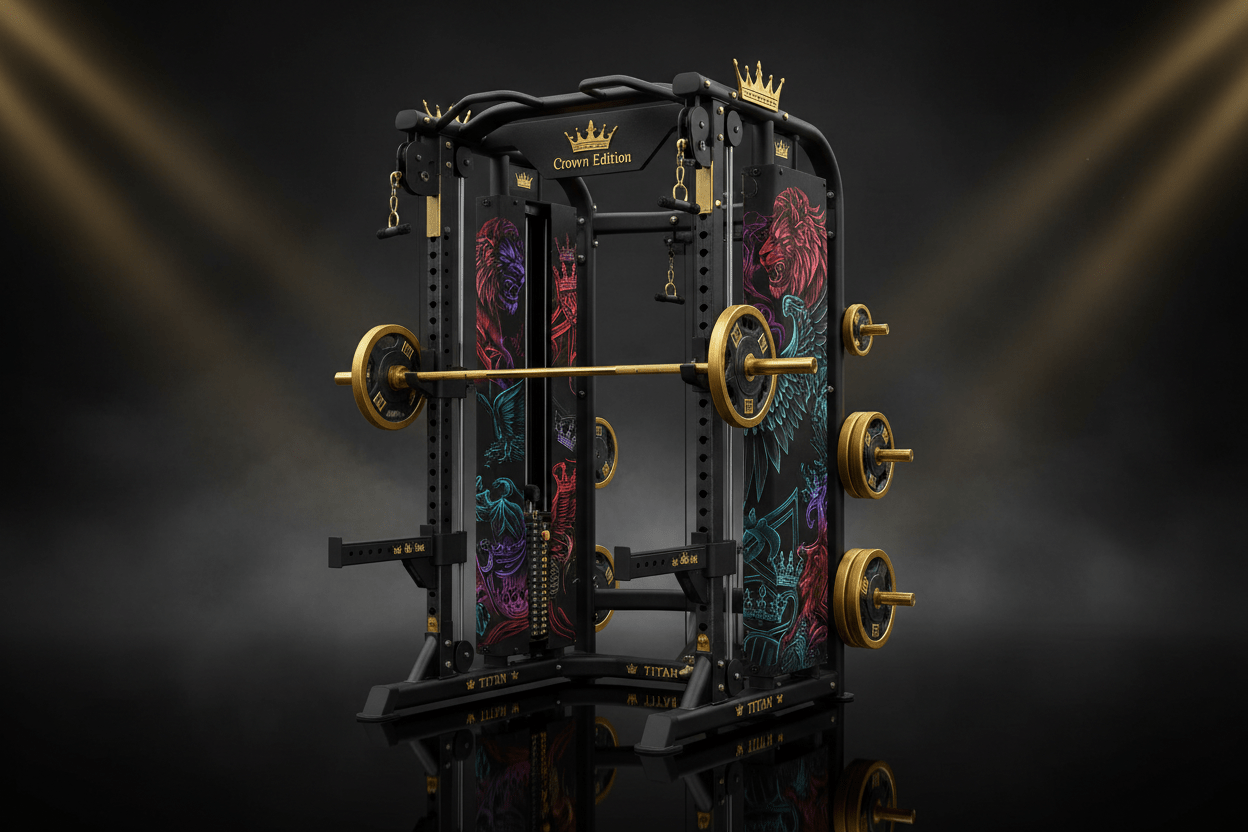 TITAN All-In-One Smith Machine & Cable Crossover Combo — Crown Edition matte black and gold home gym
