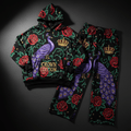 TITAN Crown Edition Tattoo Art Women's Lounge Matching Set - bold peacock botanical tattoo artwork on matte black fleece