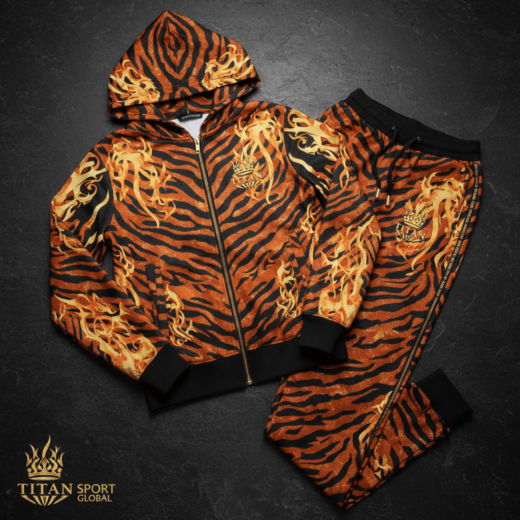 TITAN Women's Tiger Flame Crown Tracksuit matching set flat lay