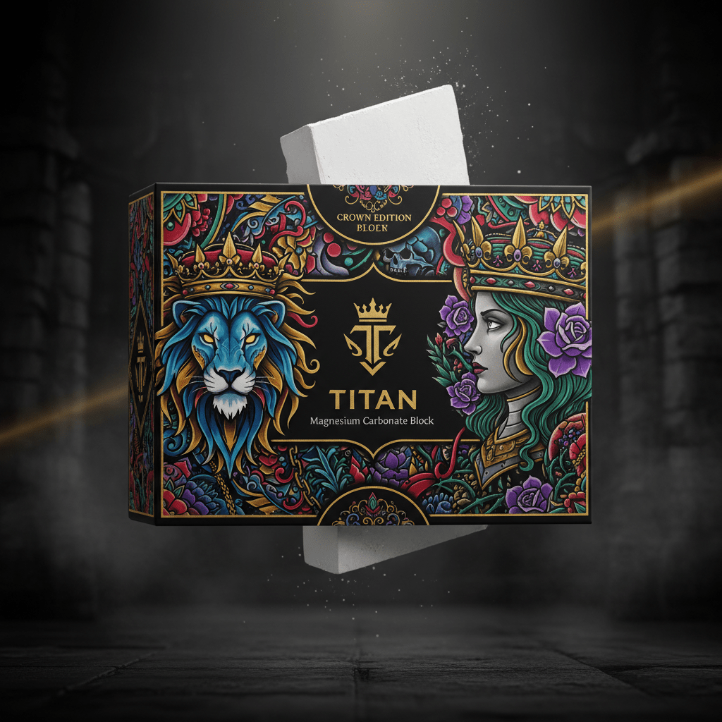 TITAN Lifting Chalk Magnesium Carbonate Block with bold tattoo-style Crown Edition artwork