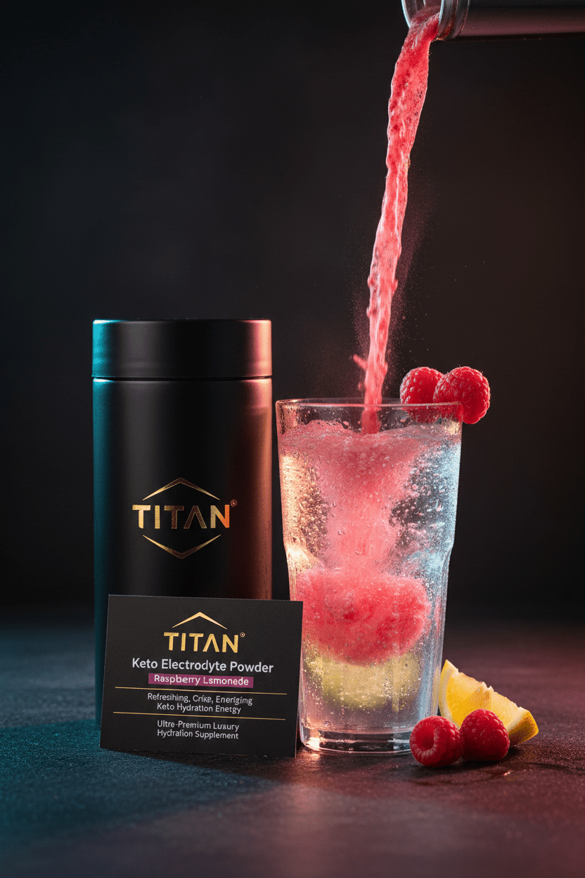 TITAN Keto Electrolyte Powder Raspberry Lemonade — refreshing action pour shot with raspberry lemonade swirls, fresh raspberries and lemon slices
