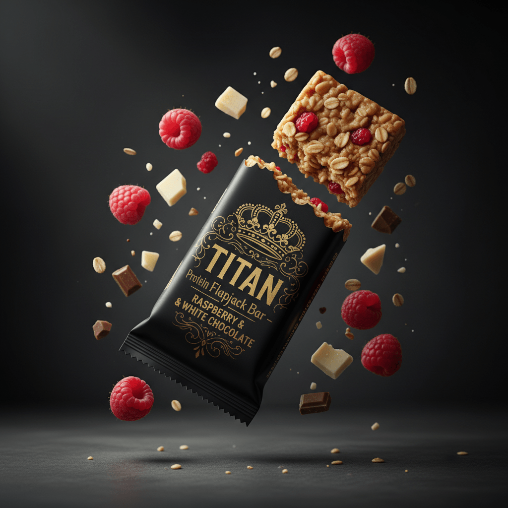 TITAN Protein Flapjack Bar – Raspberry & White Chocolate, matte black packaging with gold crown tattoo artwork, chewy oat bar with fresh raspberries and white chocolate chunks