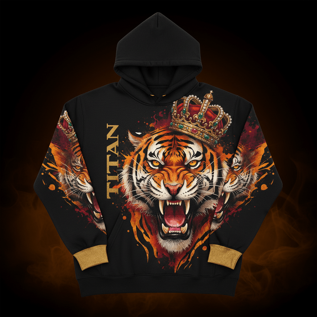 TITAN Elite Pullover Hoodie Men's Black & Gold — Crowned Bengal Tiger Edition