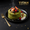 TITAN Japanese Matcha Protein Pancakes Breakfast flat lay dark luxury