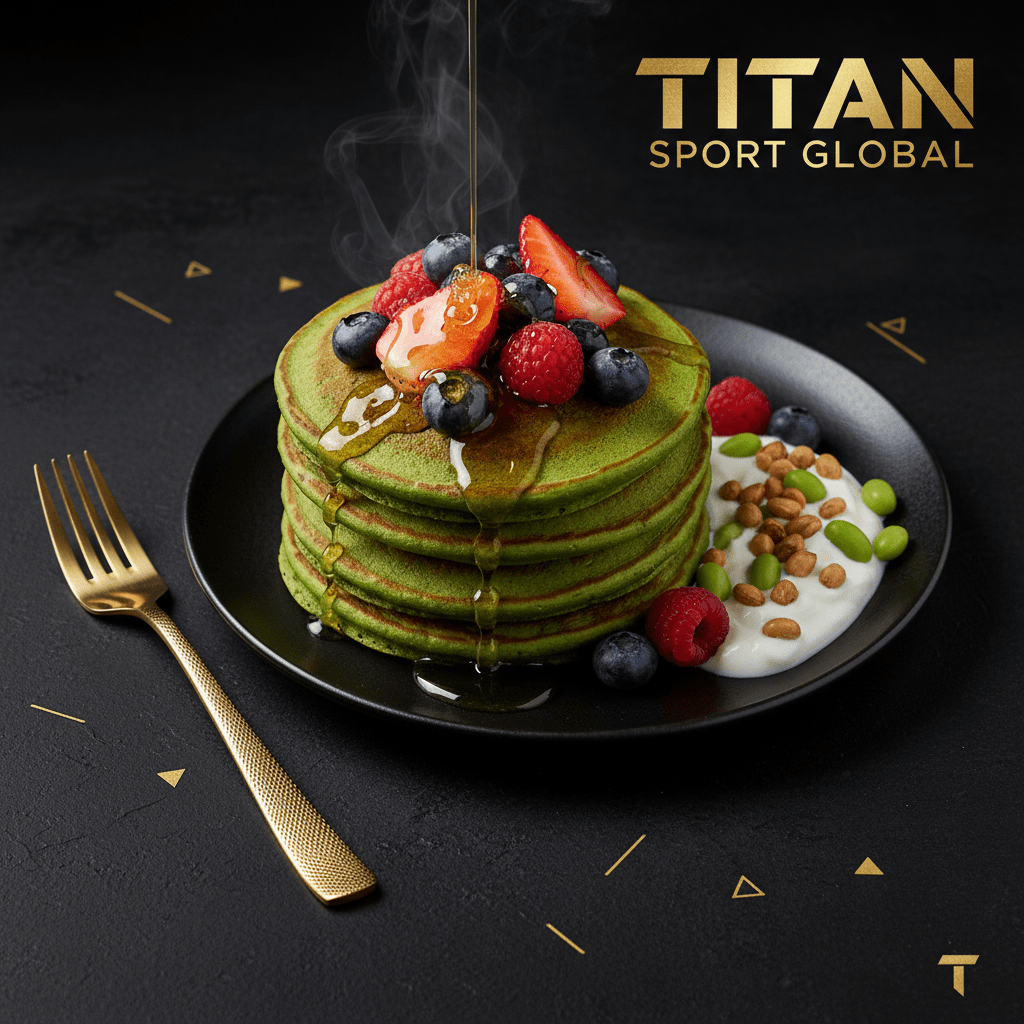 TITAN Japanese Matcha Protein Pancakes Breakfast flat lay dark luxury