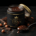 TITAN Hazelnut Dark Chocolate Spread Vegan Crown Edition — premium wide-mouth black glass jar product shot