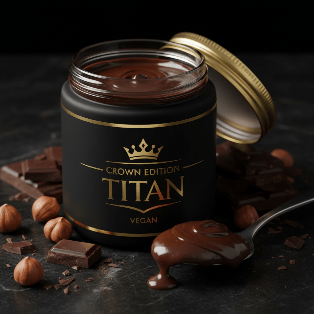 TITAN Hazelnut Dark Chocolate Spread Vegan Crown Edition — premium wide-mouth black glass jar product shot