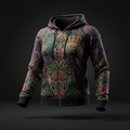 TITAN Women's Zip-Up Hoodie with peacock feathers, crown and floral tattoo-style Crown Edition artwork in purple, emerald and gold on matte black fabric