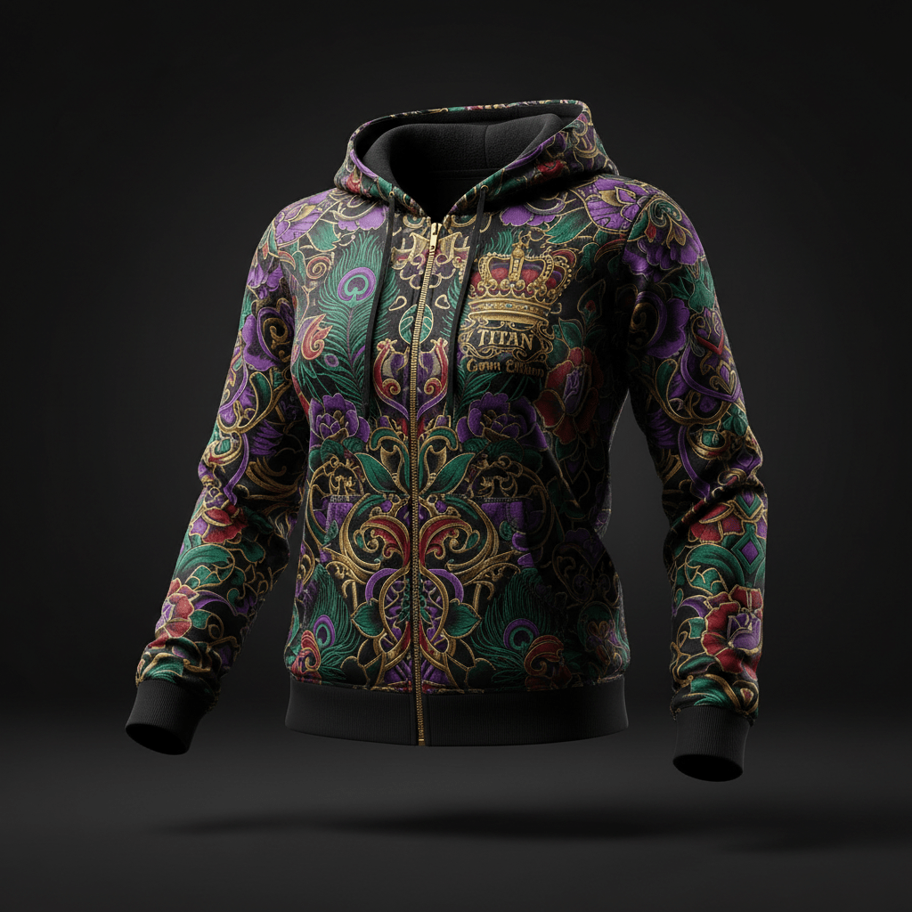 TITAN Women's Zip-Up Hoodie with peacock feathers, crown and floral tattoo-style Crown Edition artwork in purple, emerald and gold on matte black fabric
