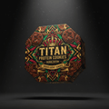 TITAN Protein Cookies 6-Pack packaging with cookie swirls, chocolate chips and crown tattoo-style Crown Edition artwork in chocolate brown, gold and crimson