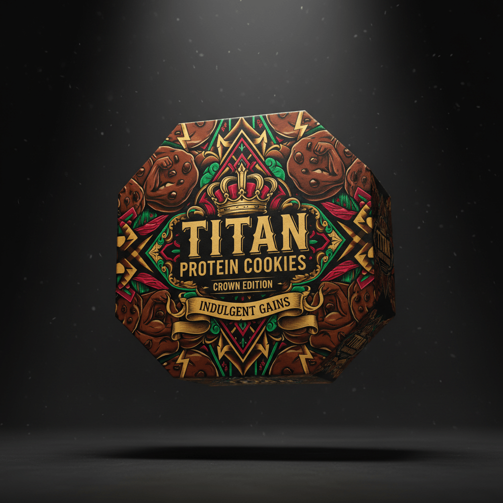 TITAN Protein Cookies 6-Pack packaging with cookie swirls, chocolate chips and crown tattoo-style Crown Edition artwork in chocolate brown, gold and crimson
