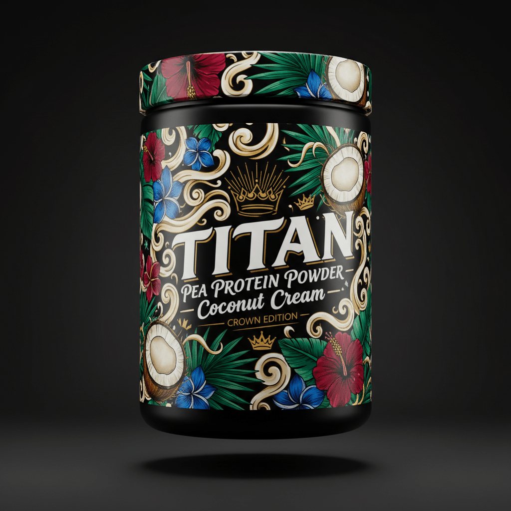 TITAN Pea Protein Powder — Coconut Cream, Crown Edition tattoo-style artwork