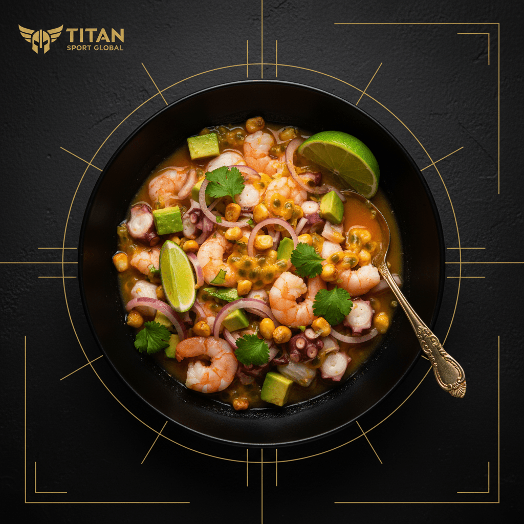 TITAN Ecuadorian Shrimp Octopus Ceviche Breakfast Bowl flat lay dark luxury