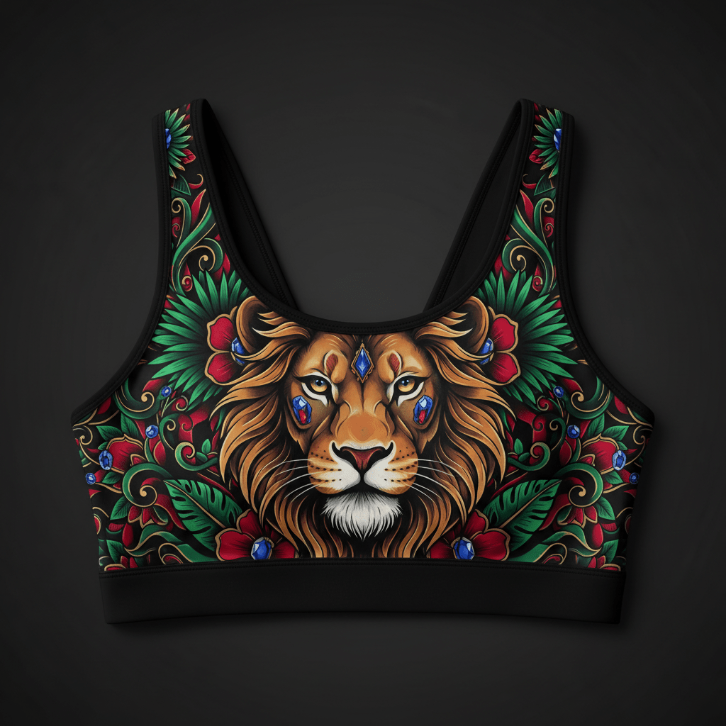 TITAN Crown Edition Women's Sports Bra — Lioness Queen Tattoo Art
