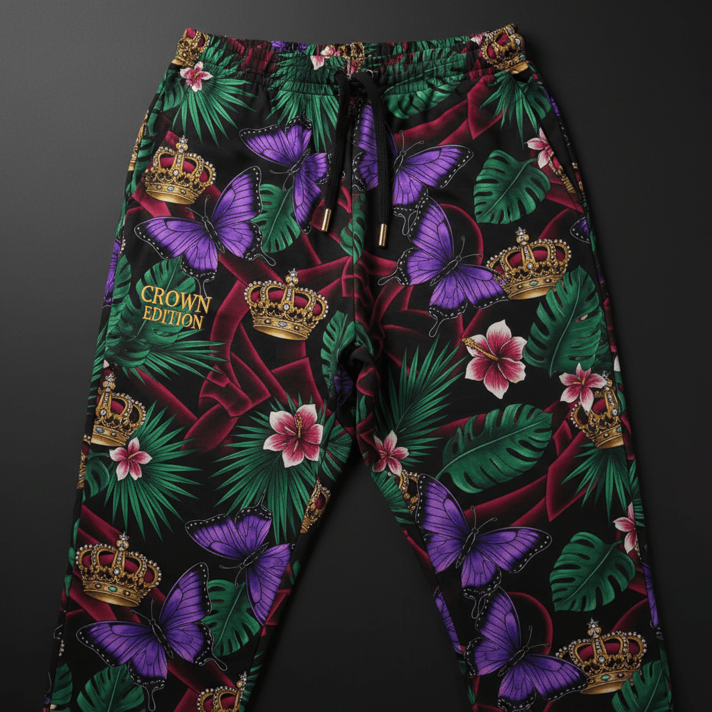 TITAN Crown Edition Tattoo Art Women's Lounge Joggers - bold butterfly tropics tattoo artwork on matte black fabric