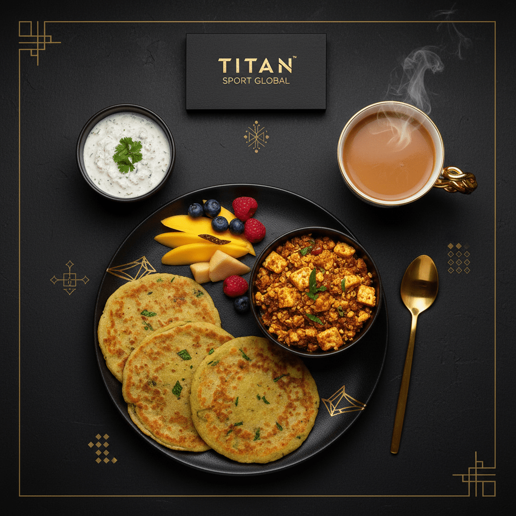 TITAN Indian Paneer Power Breakfast meal kit flat lay dark luxury