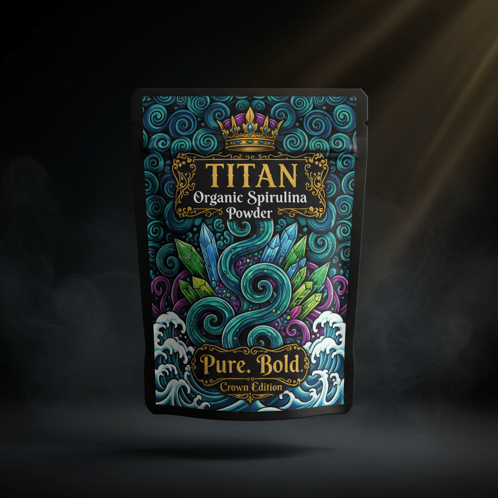 TITAN Organic Spirulina Powder — Pure, Crown Edition tattoo-style artwork
