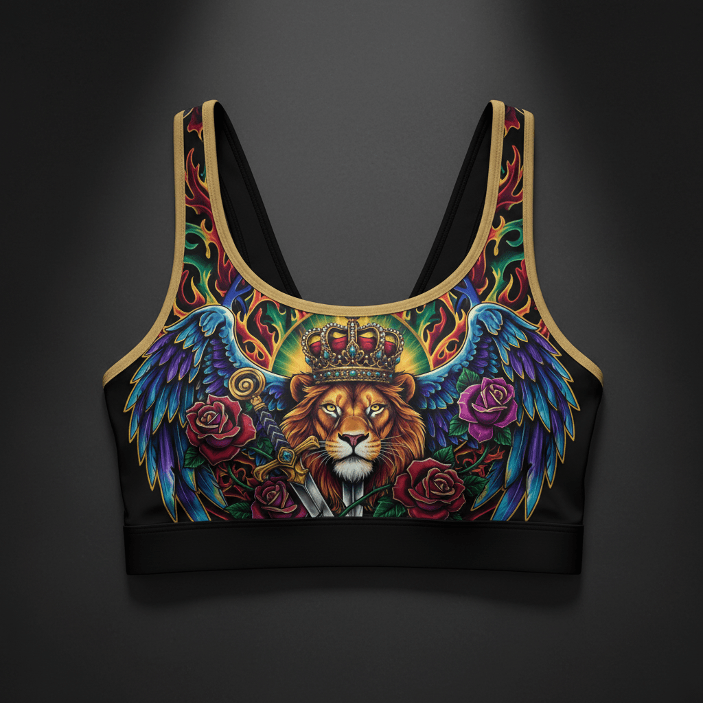 Fearless Queen Women's Sports Bra — TITAN Crown Edition tattoo artwork