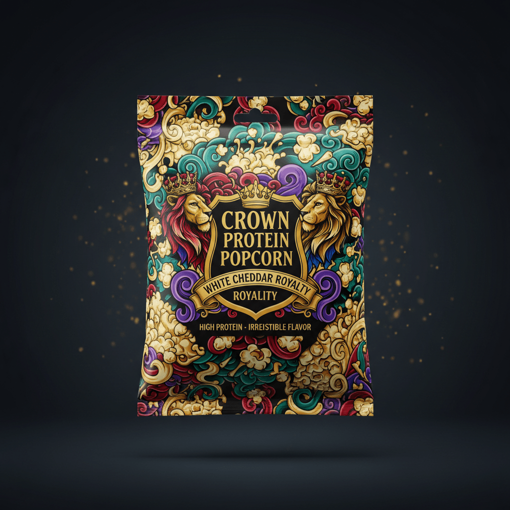 TITAN High-Protein Popcorn White Cheddar Flavor — Crown Edition bold tattoo-style artwork