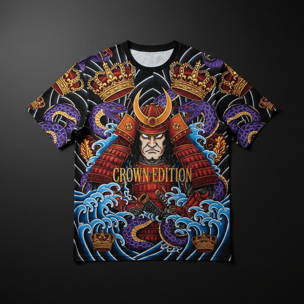 TITAN Crown Edition Tattoo Art Men's Lounge T-Shirt - bold samurai wave tattoo artwork on matte black pima cotton