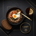 TITAN Russian Buckwheat Kasha Smoked Salmon Breakfast flat lay dark luxury