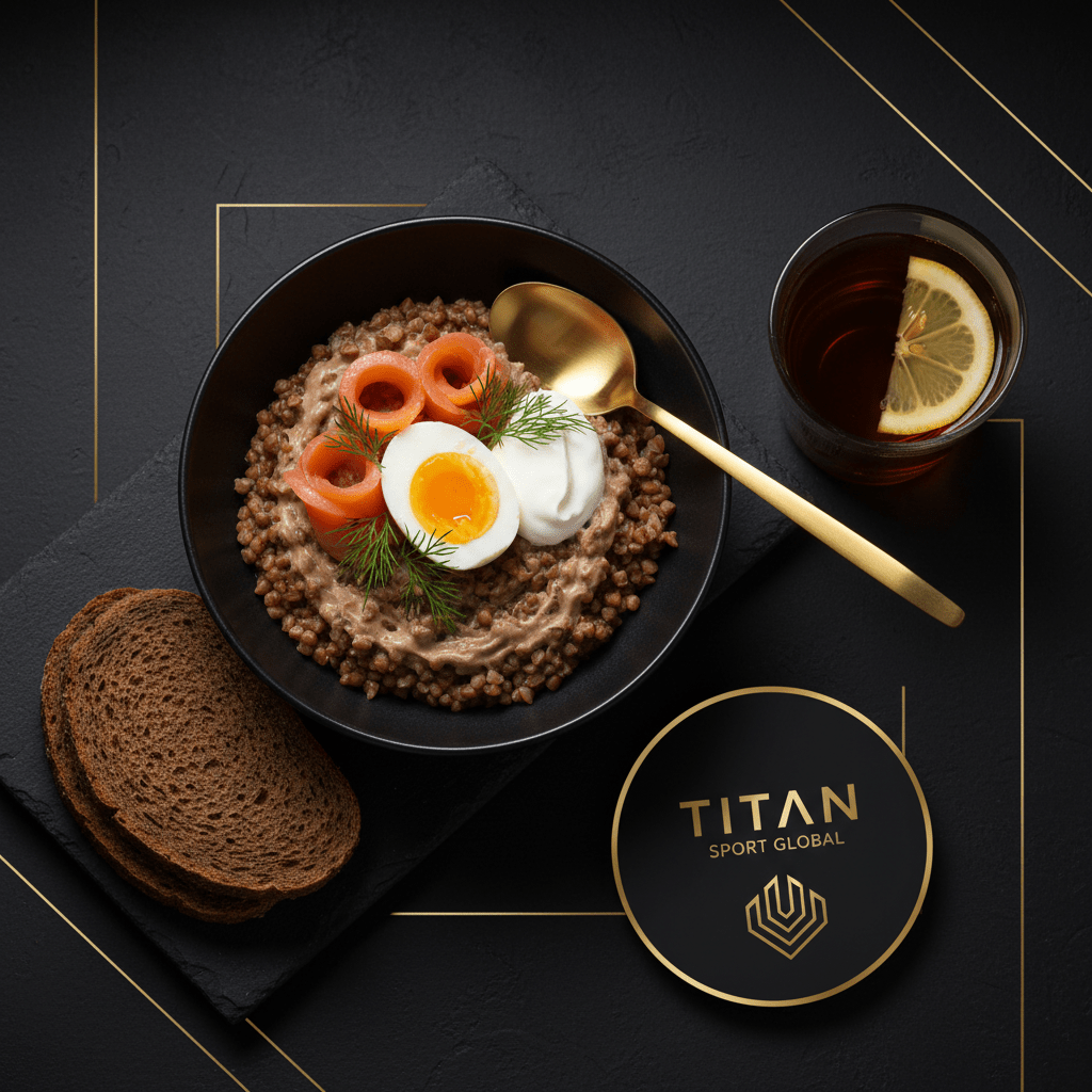 TITAN Russian Buckwheat Kasha Smoked Salmon Breakfast flat lay dark luxury