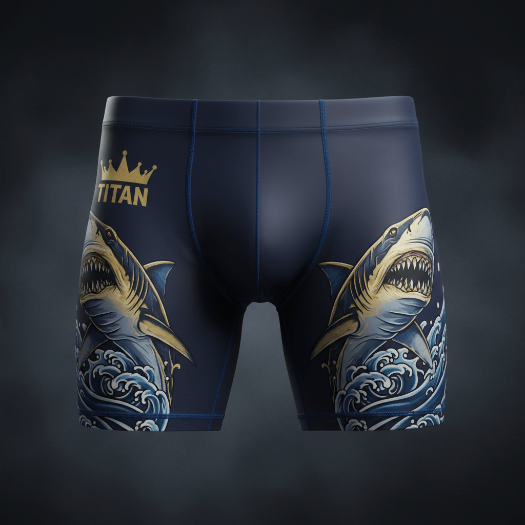 TITAN Men's Compression Slimming Swim Trunks Ocean Navy Shark Crown Edition flat lay