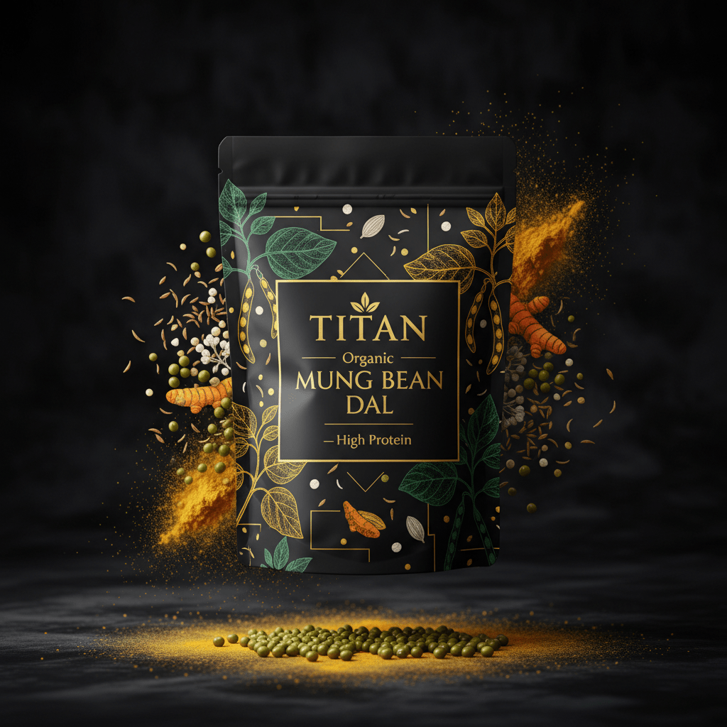 TITAN Organic High-Protein Mung Bean Dal — ultra-premium luxury editorial product shot