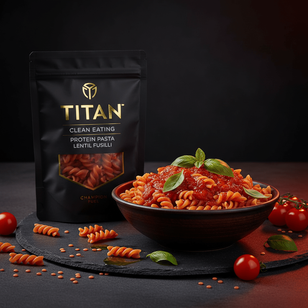 TITAN Clean Eating Protein Pasta Lentil Fusilli — rustic Italian plated dish with red lentil fusilli in tomato sauce, fresh basil and cherry tomatoes