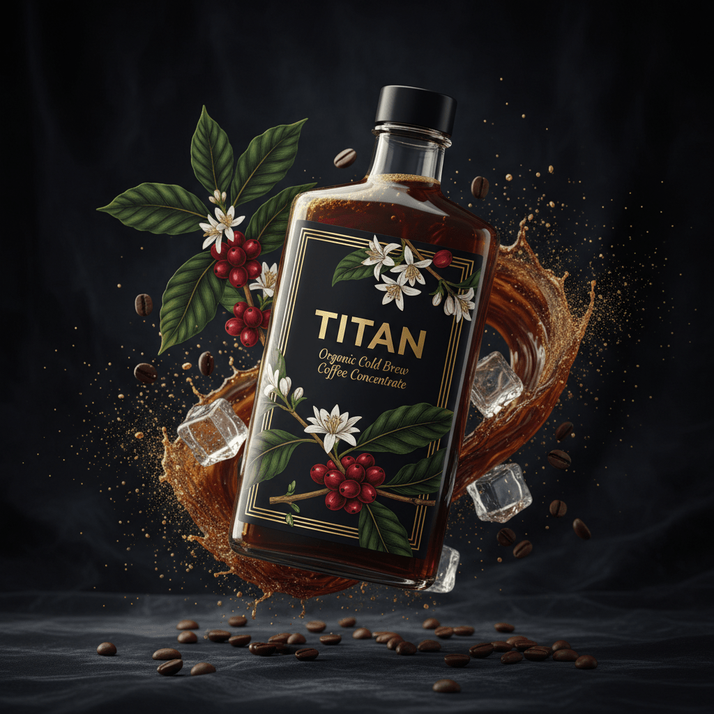 TITAN Organic Cold Brew Coffee Concentrate — ultra-premium luxury editorial product shot