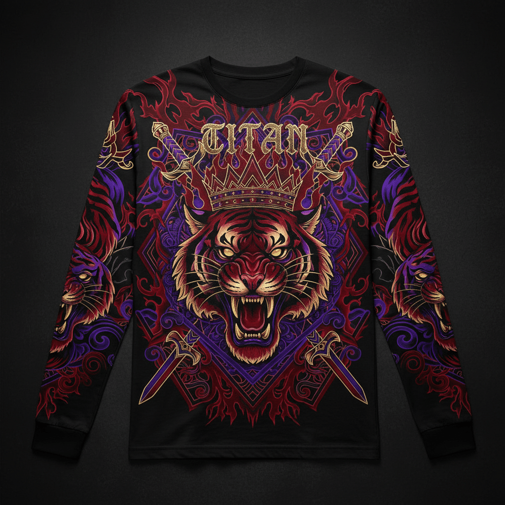 TITAN Printed Long Sleeve Tee — Roaring tiger mandala tattoo-style artwork in crimson and electric purple