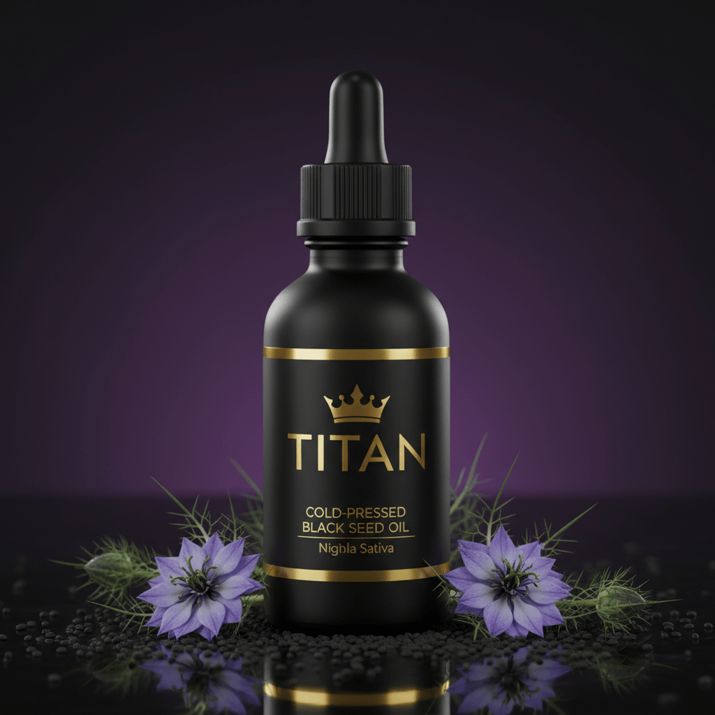 TITAN Black Seed Oil Cold-Pressed Nigella Sativa Crown Edition — premium matte black dropper bottle product shot