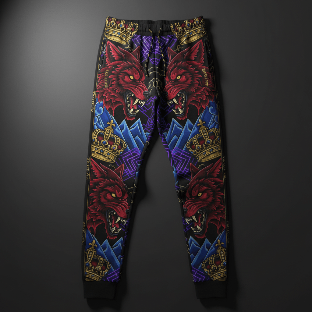 TITAN Crown Edition Tattoo Art Men's Lounge Joggers - bold wolf summit tattoo artwork on matte black fabric