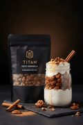 TITAN Keto Granola Cinnamon Pecan — warm morning mason jar shot layered with yogurt, cinnamon stick and honey drizzle