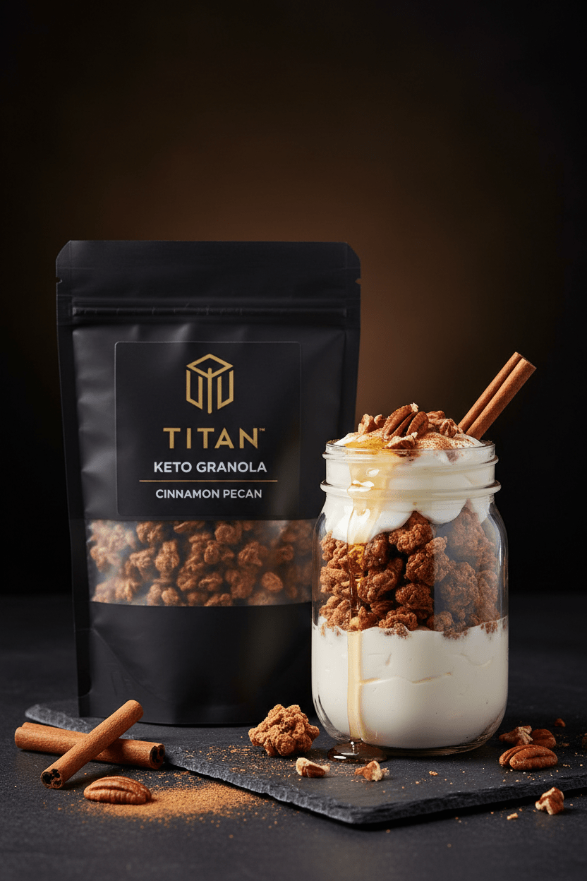 TITAN Keto Granola Cinnamon Pecan — warm morning mason jar shot layered with yogurt, cinnamon stick and honey drizzle