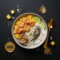 TITAN Caribbean Pineapple Shrimp Protein Bowl Breakfast flat lay dark luxury