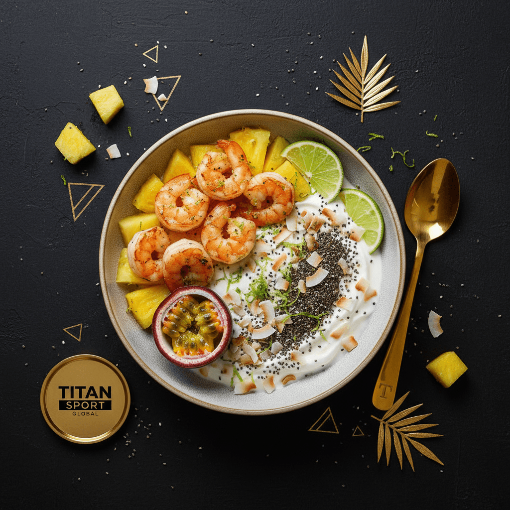 TITAN Caribbean Pineapple Shrimp Protein Bowl Breakfast flat lay dark luxury